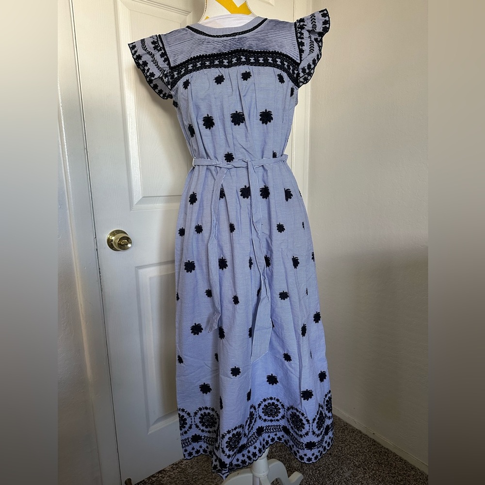 Summer getaway dress. Cotton navy and white pinstripe with embroidery.